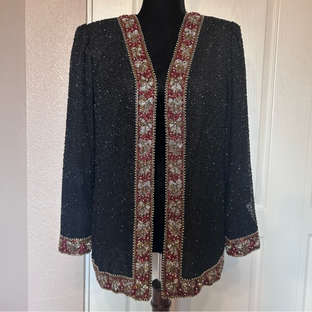 Vintage Laurence Kazar Black,Red,Gold Beaded Silk Open Front Blazer Size Medium‎